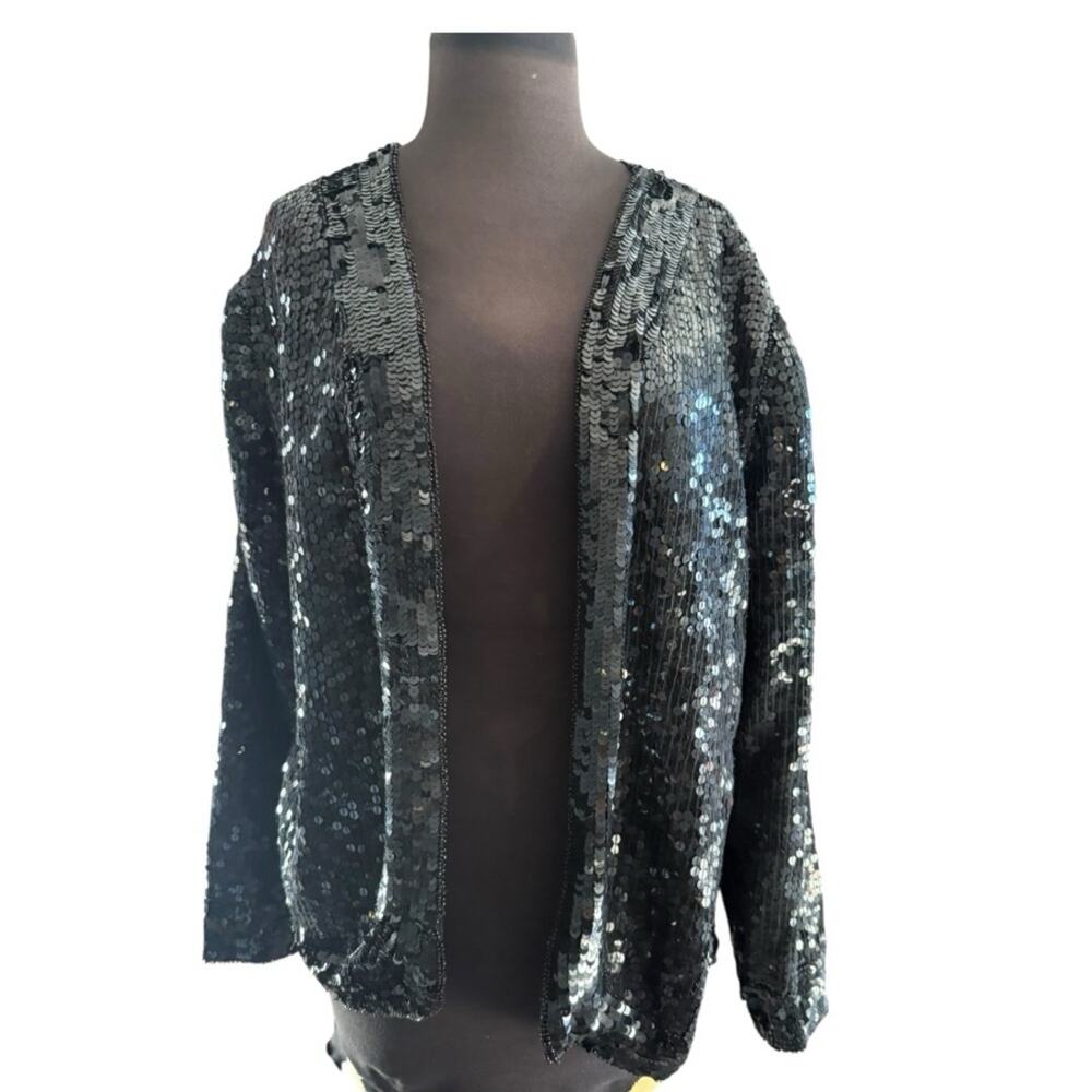 Vtg Parisian Black Sequin Silk Jacket Size M Luxe Evening Layer Joseph Le Bon
